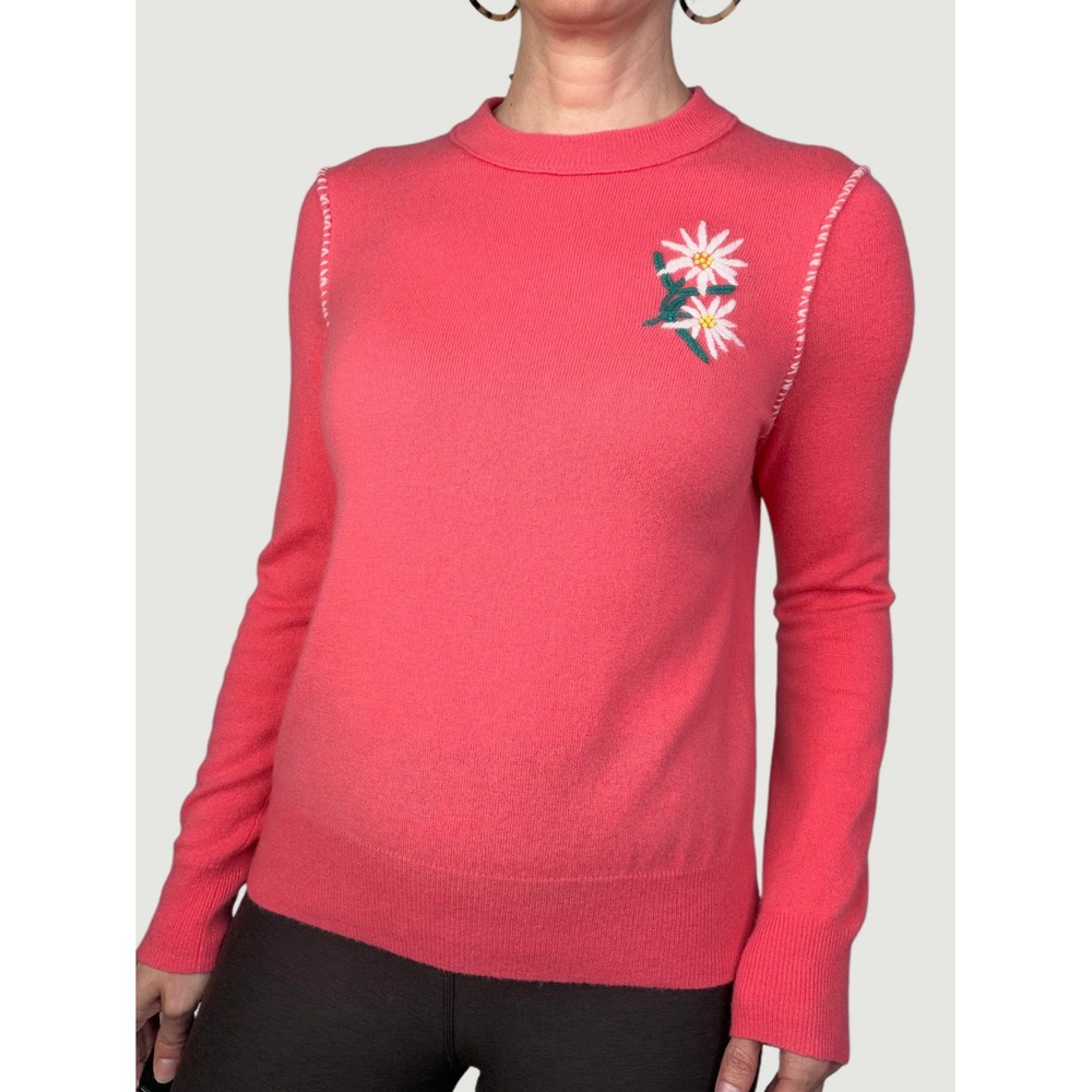 Autumn Cashmere Daisy Floral Embroidered Pure Cashmere Crewneck Sweater Pink S